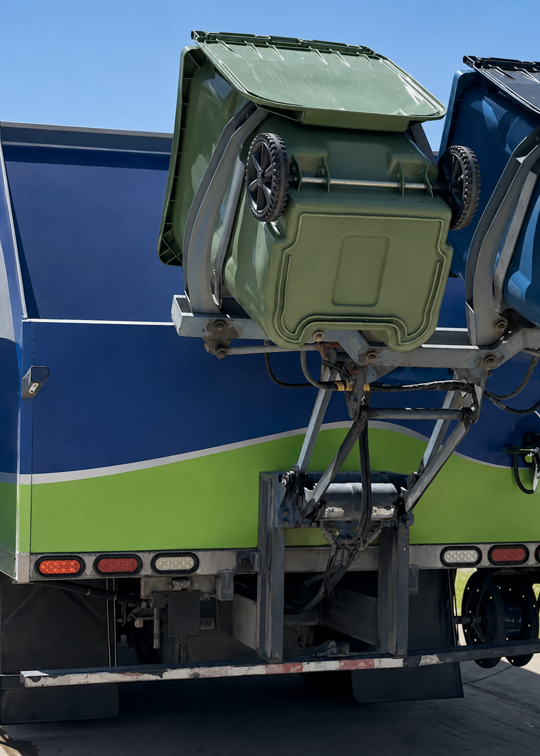 Two residential carts raised on the EcoWash truck lifting mechanism